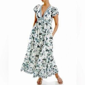 Max Studio Blue & Green Floral Deep V-Neck Long Tiered Maxi Dress Size Large